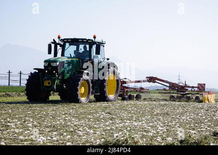 Kranj, Slovenia. 12th maggio 2022. Un agricoltore rastrema erba maltrattata a Zabnica. Dopo aver falciato l'erba un giorno prima, un agricoltore sloveno è riuscito a rastrellare l'erba e a raccoglierla per insilare il giorno successivo, che è insolitamente veloce. Ciò è stato reso possibile dalle alte temperature che hanno raggiunto i 30 gradi Celsius il 12 maggio 2022. Credit: SOPA Images Limited/Alamy Live News Foto Stock