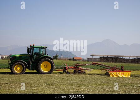 Kranj, Slovenia. 12th maggio 2022. Un agricoltore rastrema erba maltrattata a Zabnica. Dopo aver falciato l'erba un giorno prima, un agricoltore sloveno è riuscito a rastrellare l'erba e a raccoglierla per insilare il giorno successivo, che è insolitamente veloce. Ciò è stato reso possibile dalle alte temperature che hanno raggiunto i 30 gradi Celsius il 12 maggio 2022. Credit: SOPA Images Limited/Alamy Live News Foto Stock