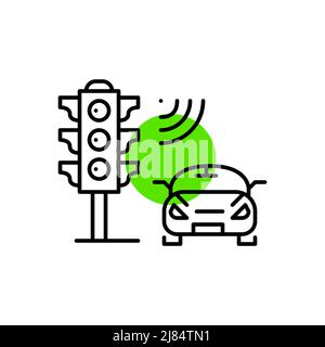 Sistema di controllo intelligente del traffico. Semaforo dotato di sensori. Tecnologia futuristica dell'Internet delle cose. Icona della linea di traccia modificabile pixel Perfect Illustrazione Vettoriale
