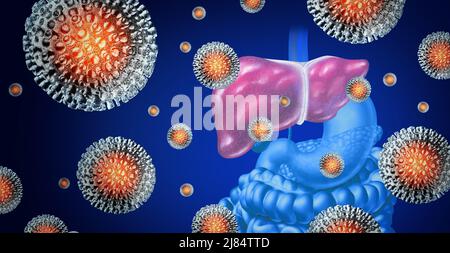Il concetto di malattia di epatite come un gruppo di cellule di virus umano tridimensionali su un fegato umano come illustrazione medica per un'infezione virale. Foto Stock