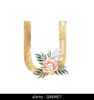 Lettera d'oro U dell'alfabeto inglese con un bouquet di rose rosa su sfondo bianco isolato. Illustrazione dell'acquerello disegnata a mano. Foto Stock