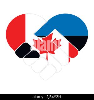 Simbolo della stretta di mano nei colori delle bandiere nazionali del Canada e dell'Estonia, formando un cuore. Illustrazione Vettoriale