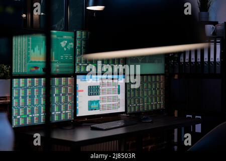 Interno di una stazione di lavoro vuota per il mercato azionario forex con display multiplo e grafici di indice. Ufficio di società di investimento con grafici di tendenza e dati finanziari digitali visualizzati su schermi moderni. Foto Stock