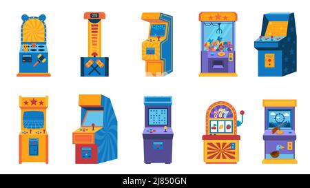 Computer di gioco Arcade. Macchina da gioco retrò 80s, divertimento e intrattenimento vintage. Collezione di macchine da gioco Vector 1990s Illustrazione Vettoriale