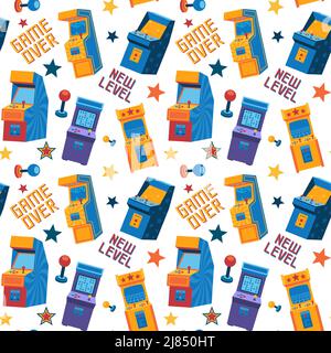 Sequenza di giochi arcade. Macchina per videogiochi retrò senza problemi con schermo e joystick, gamepad e console portatile. Trama vettoriale Illustrazione Vettoriale