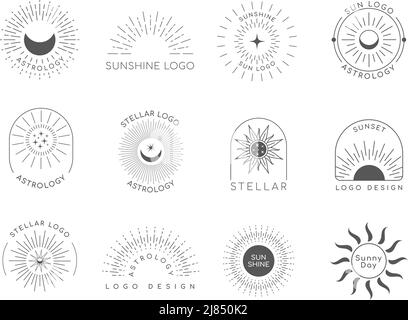 Emblema solare. Logo aziendale Starburst lineare, modello banner decorativo boho. Set isolato vettoriale Illustrazione Vettoriale