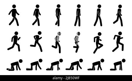 Bastone uomo a piedi. Kit di animazione nero per correre a piedi e icone di silhouette umane semplici. Sequenza pedonale vettoriale e a piedi Illustrazione Vettoriale