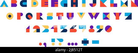 Alfabeto geometrico. Moderno carattere tipografico astratto con numeri e segni di punteggiatura, caratteri tipografici colorati stilizzati. Set vettoriale Illustrazione Vettoriale