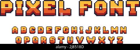 Font di gioco pixel. Simboli alfabetici Arcade a 8 bit, elementi di testo della console retrò, 80s lettere di tipo. Computer vettoriale e set di lettere comiche per videogiochi Illustrazione Vettoriale