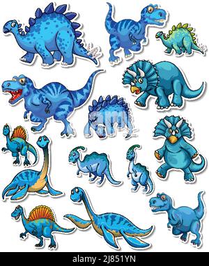 Set di adesivi di diversi dinosauri cartoni animati Illustrazione Vettoriale