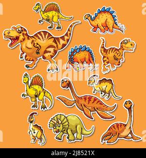 Set di adesivi di diversi dinosauri cartoni animati Illustrazione Vettoriale