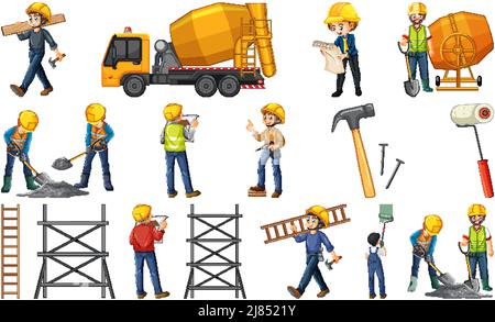 Set di oggetti per cantieri e illustrazione dei lavoratori Illustrazione Vettoriale