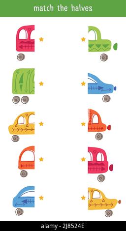 Abbinare le metà. Giochi educativi per bambini. Trova la metà giusta per le auto. Modello di foglio di lavoro vettoriale per le lezioni prescolare. Furgoni da cartoon naive Illustrazione Vettoriale