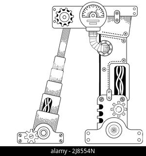 Libro da colorare vettoriale per adulti. Lettera cirillica steampunk. Alfabeto meccanico realizzato con ingranaggi in metallo e vari dettagli su sfondo bianco Illustrazione Vettoriale