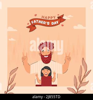 Felice concetto di Father's Day con Beard Man allegro e sua figlia dare segno di Pace su Peach background. Illustrazione Vettoriale