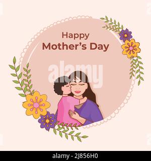 Felice festa della mamma concetto con carino bambino baciare sua mamma e floreale su Peach background. Illustrazione Vettoriale