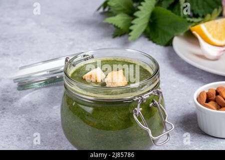 Zuppa di cetrioli in ciotola su sfondo grigio del tavolo Foto Stock