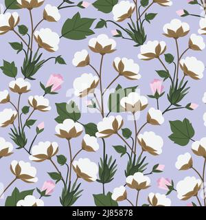 Pianta di cotone e fiore senza cuciture su sfondo viola. Illustrazione vettoriale Illustrazione Vettoriale