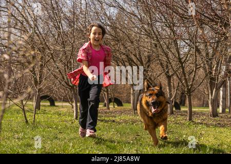 bambina che corre con il suo pastore tedesco animale domestico Foto Stock