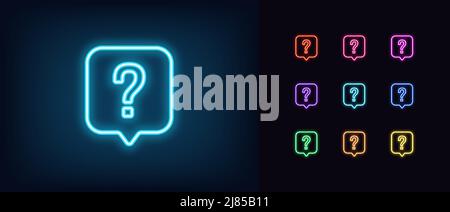Icona a forma di fumetto con domanda al neon. Punto interrogativo al neon luminoso nel messaggio a bolle d'aria, nella guida e nel pittogramma FAQ. Chat di supporto, domande, questionario e. Illustrazione Vettoriale
