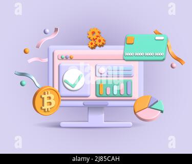 3D rendering del luogo di lavoro. Tecnologie finanziarie tematiche, criptovaluta ed e-wallet. Foto Stock