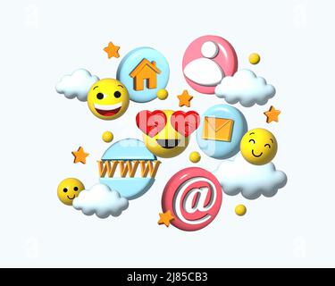 3D piattaforma di mailbox, concetto di casella di posta elettronica, emoji, cuori, icone fluttuanti nelle nuvole su sfondo blu. Foto Stock