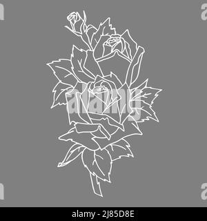 disegno contorno bianco di un ramo di rosa su sfondo grigio, grafica, design, arte Foto Stock