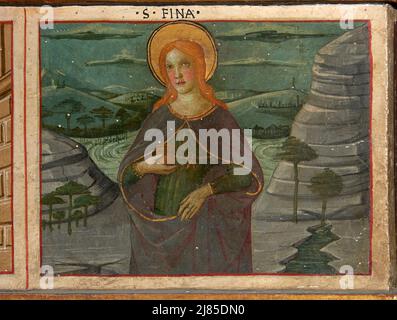 S. Fina, particolare della predella da “Madonna col Bambino in trono con S. Stefano, S. Pietro martire, S. Bartolomeo, S. Andrea, S. Vincenzo, Mar Foto Stock