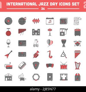 36 icona International Jazz Day Flat in grigio e rosso. Illustrazione Vettoriale