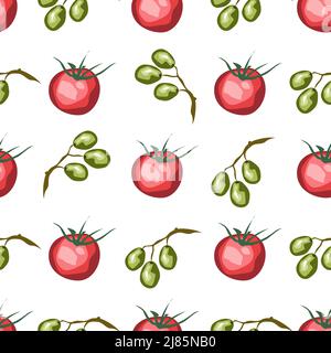 Frutta di oliva e pomodori isolati su sfondo bianco è in modo uniforme - illustrazione vettoriale Illustrazione Vettoriale