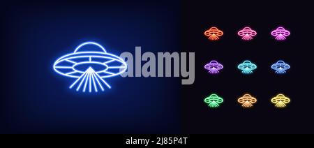 Contorno neon alien UFO icona. Veicolo spaziale alieno al neon incandescente con fasci di scansione, pittogramma dell'astronave UFO. Invasione spaziale, nave marziana, non identificato fl Illustrazione Vettoriale