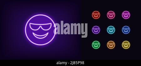 Contorno del boss neon emoji icona. Emoticon glowing al neon fresco con occhiali da sole e sorriso, sicuro pittogramma viso. Divertente emoji cool in occhiali, capo faccia, Illustrazione Vettoriale