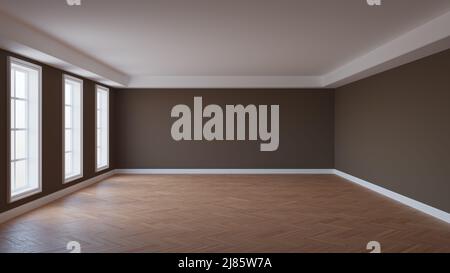 Bell'interno vuoto con pareti marroni, soffitto cornicione, tre grandi finestre, parquet pavimento e un bianco Plinth. 3D rendering con un percorso di lavoro sulla W Foto Stock