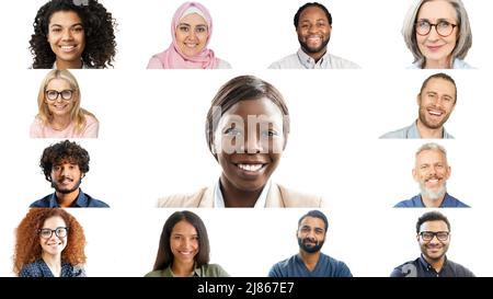 Gruppo di uomini d'affari isolati su bianco. Collage di diversi team multirazziale guardando la fotocamera. I dipendenti internazionali hanno partecipato a riunioni virtuali, brainstorming online e partecipare al webinar Foto Stock