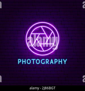 Etichetta Neon per la fotografia. Illustrazione vettoriale della promozione fotocamera. Illustrazione Vettoriale