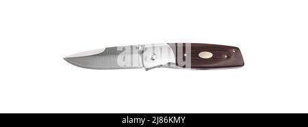 Coltello tascabile con manico in legno. Coltello pieghevole con fermo in metallo. Coltello. Isolare su sfondo bianco. Foto Stock