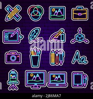 Set di adesivi al neon design. Illustrazione vettoriale del concetto di artista luminoso. Illustrazione Vettoriale