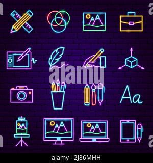 Icone di design al neon. Illustrazione vettoriale della promozione grafica. Illustrazione Vettoriale