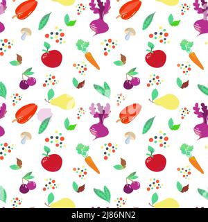 Alimenti senza cuciture su sfondo bianco. Giornata mondiale dell'alimentazione. Ottobre 16. Ortaggi e frutta, funghi, erbe e spezie. Adatto per tessuti e p Illustrazione Vettoriale