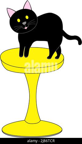 Un gatto nero in piedi su uno sgabello giallo in stile anni '60: Sfondo bianco Foto Stock