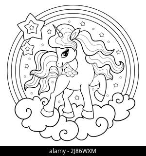 Simpatico unicorno allegro. Disegno lineare in bianco e nero. Vettore Illustrazione Vettoriale