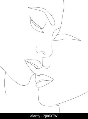 Un bacio. Le facce sono una linea. Il disegno lineare continuo è minimalista alla moda. Illustrazione Vettoriale