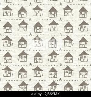 Mano disegnato Doodle casa lino effetto texture pattern. Stampa decorativa in tessuto grigio naturale senza cuciture per carta da parati in tela. Foto Stock