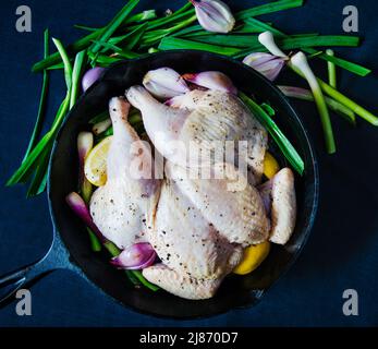 Pollo crudo con verdure e limone in una padella in ghisa Foto Stock