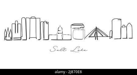 Una sola linea di disegno per visitare lo skyline di Salt Lake City, Utah. World beauty città paesaggio arte migliore vacanza cartolina. Tratto modificabile trendy Illustrazione Vettoriale