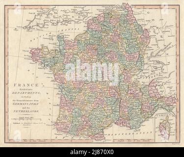 La Francia è divisa in Dipartimenti, compresi gli smembramenti… MAPPA WILKINSON 1828 Foto Stock