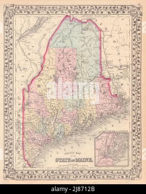 Mappa della contea dello stato del Maine di S. Augustus Mitchell 1875 antico Foto Stock