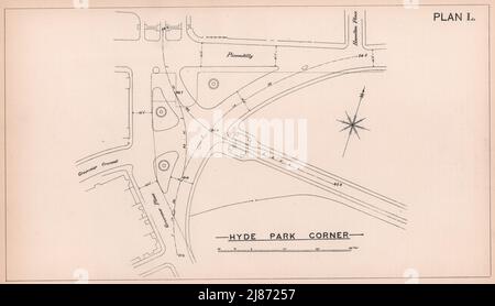 1883 Hyde Park Corner. Grosvenor/Duca di Wellington Place. Mappa di Piccadilly 1898 Foto Stock