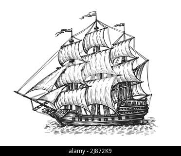 Nave con vele su onde. Disegno a mano della barca a vela vintage. Illustrazione vettoriale della navigazione Illustrazione Vettoriale