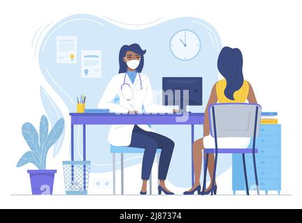 Donna nera medico in maschera di faccia che concola paziente ragazza nera. Medcine, pandemia, terapia di blocco, assistenza sanitaria, concetto di area di lavoro ospedaliera. Scorta Illustrazione Vettoriale